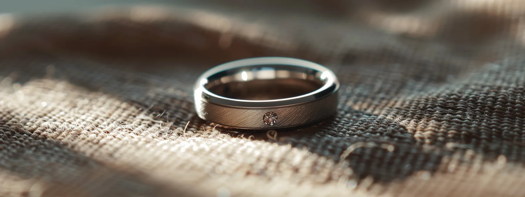 a sleek titanium wedding ring with a meteorite accent and customized engraving gleaming under soft light.