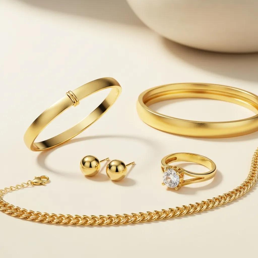 A close-up view of various jewellery pieces showcasing distinct differences in gold thickness and their visual impact