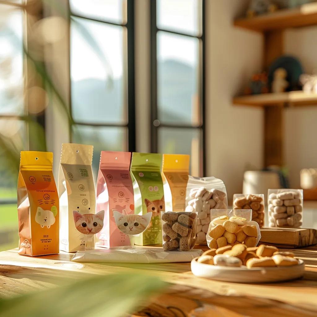 Selection of VOHC-approved cat dental treats displayed on a wooden table