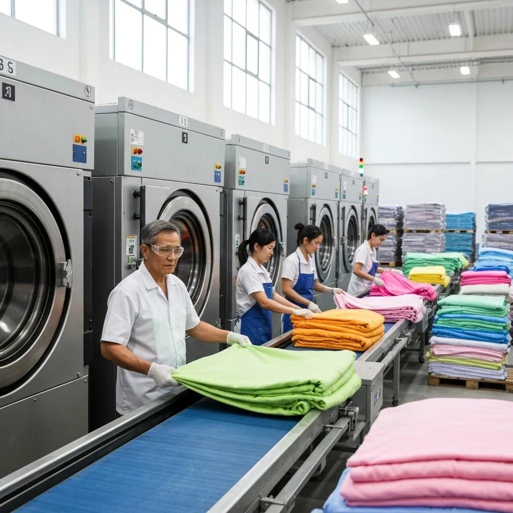 Industrial laundry setting with commercial machines and hotel linens, highlighting laundry practices for durability
