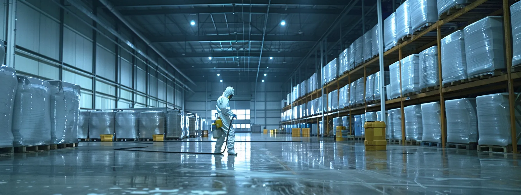 a technician in a hazmat suit spraying pest control solution in a large industrial warehouse.