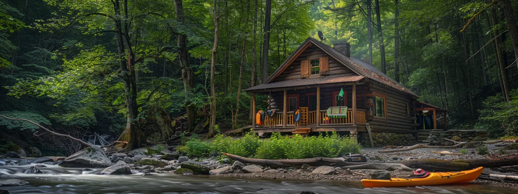 a cozy cabin nestled in the midst of a lush forest, with hiking gear strewn on the porch and a kayak waiting by the riverbank, ready for an adventurous getaway near tennessee white water rafting.