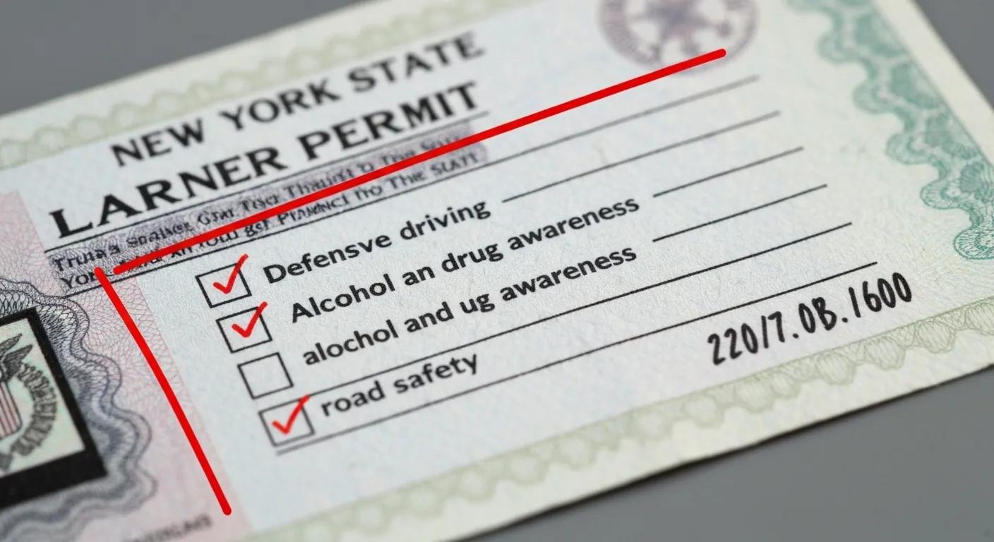 A close-up view of a New York State learner permit, with a checklist highlighting the necessary course requirements