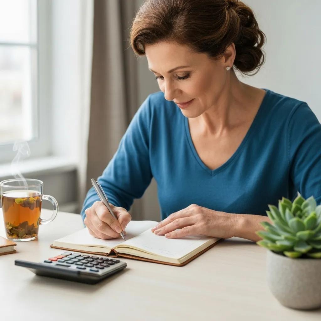 Persona elaborando un plan presupuestario con una calculadora y una taza de t&eacute;, ilustrando el control financiero para evitar deudas