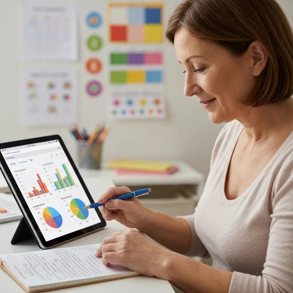 A parent using a tablet to track their child's progress in ABA therapy, emphasizing the use of data collection tools