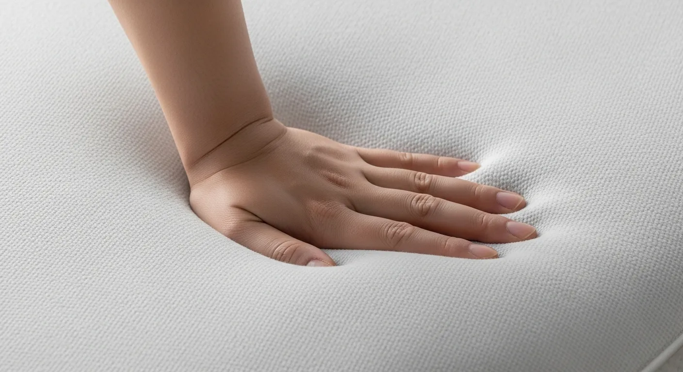 Why Buying a Mattress In-Store Beats Clicking ‘Add to Cart’ 1 Hand pressing into a soft mattress surface, demonstrating comfort and support for spinal alignment, relevant to in-store mattress testing.