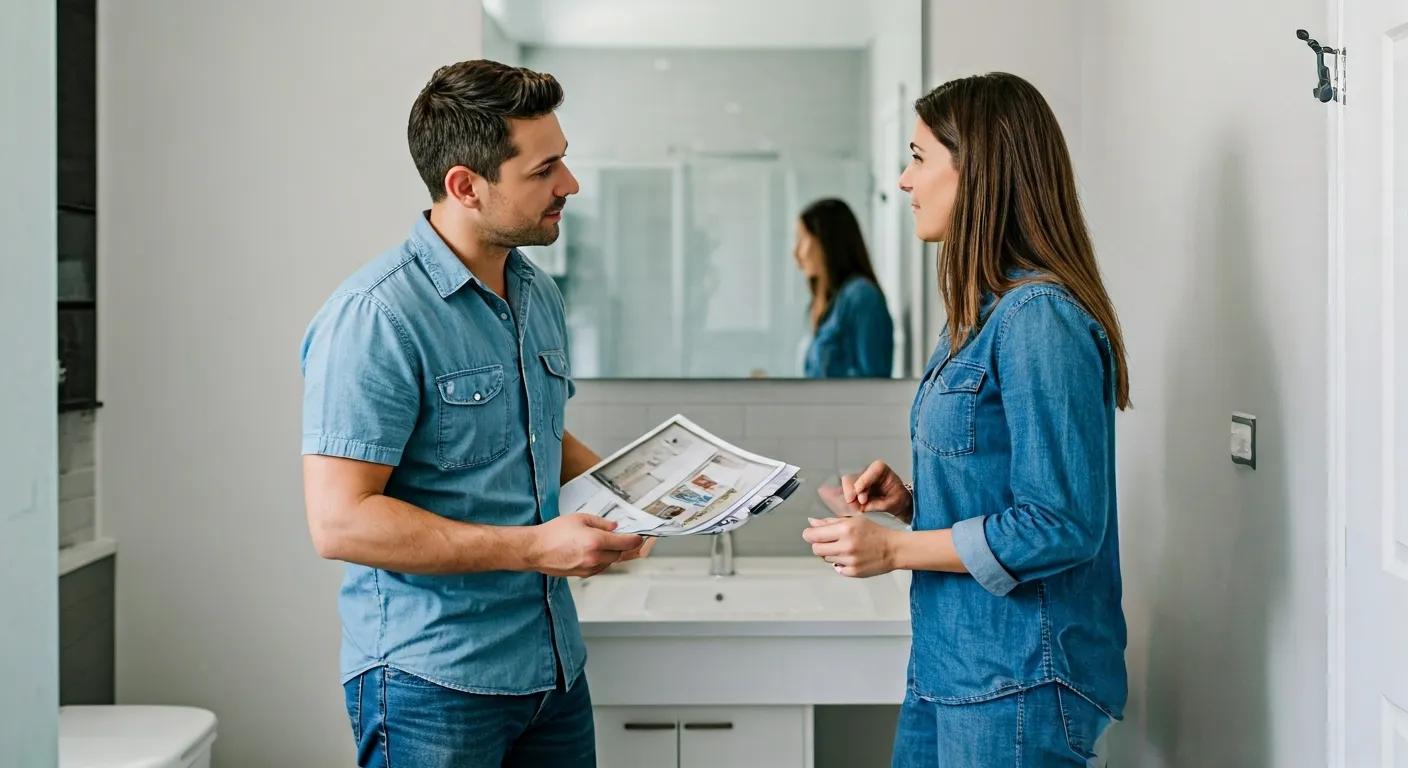 Homeowner consulting with a professional contractor for bathroom renovation