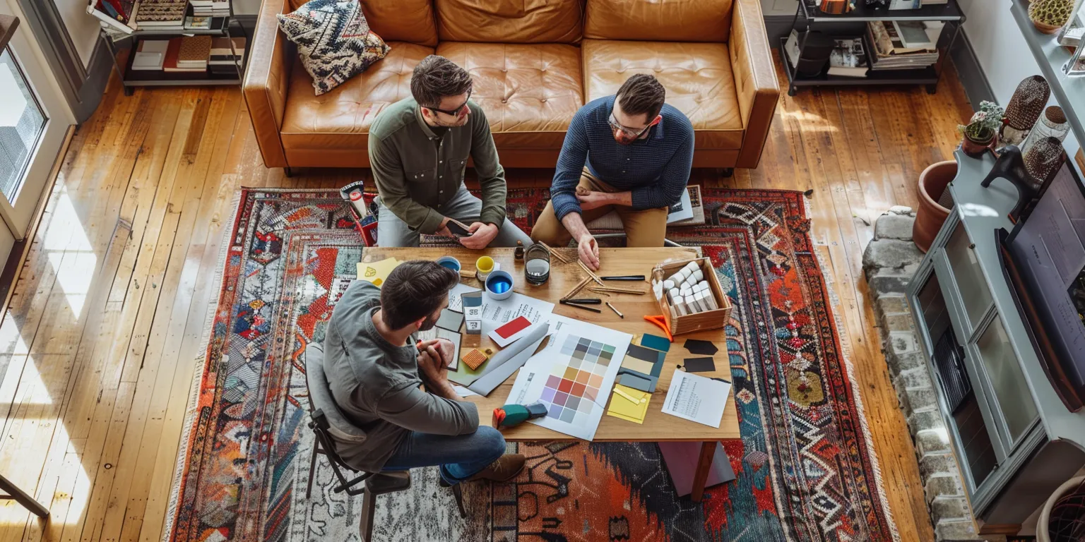Three professionals collaborating on design elements for a home remodeling project, surrounded by color swatches, materials, and tools, in a cozy, well-lit living space.