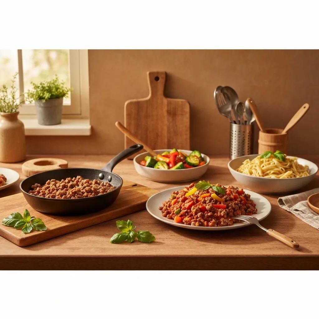 Delicious and healthy ground beef dishes in a cozy kitchen setting
