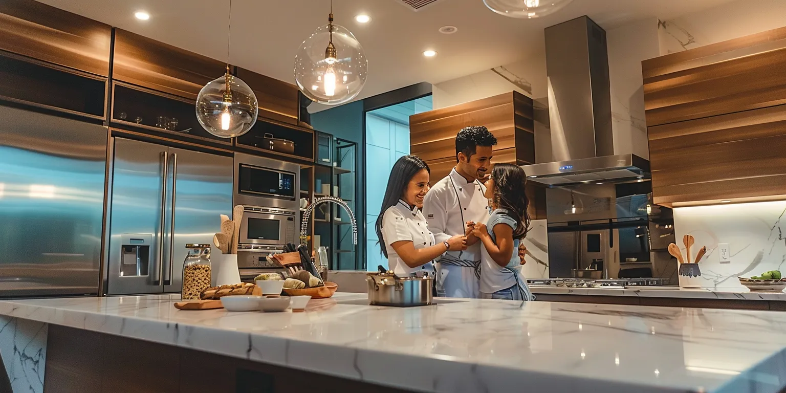 Family enjoying time together in a modern kitchen, showcasing elegant cabinetry and appliances, emphasizing home remodeling and kitchen design.