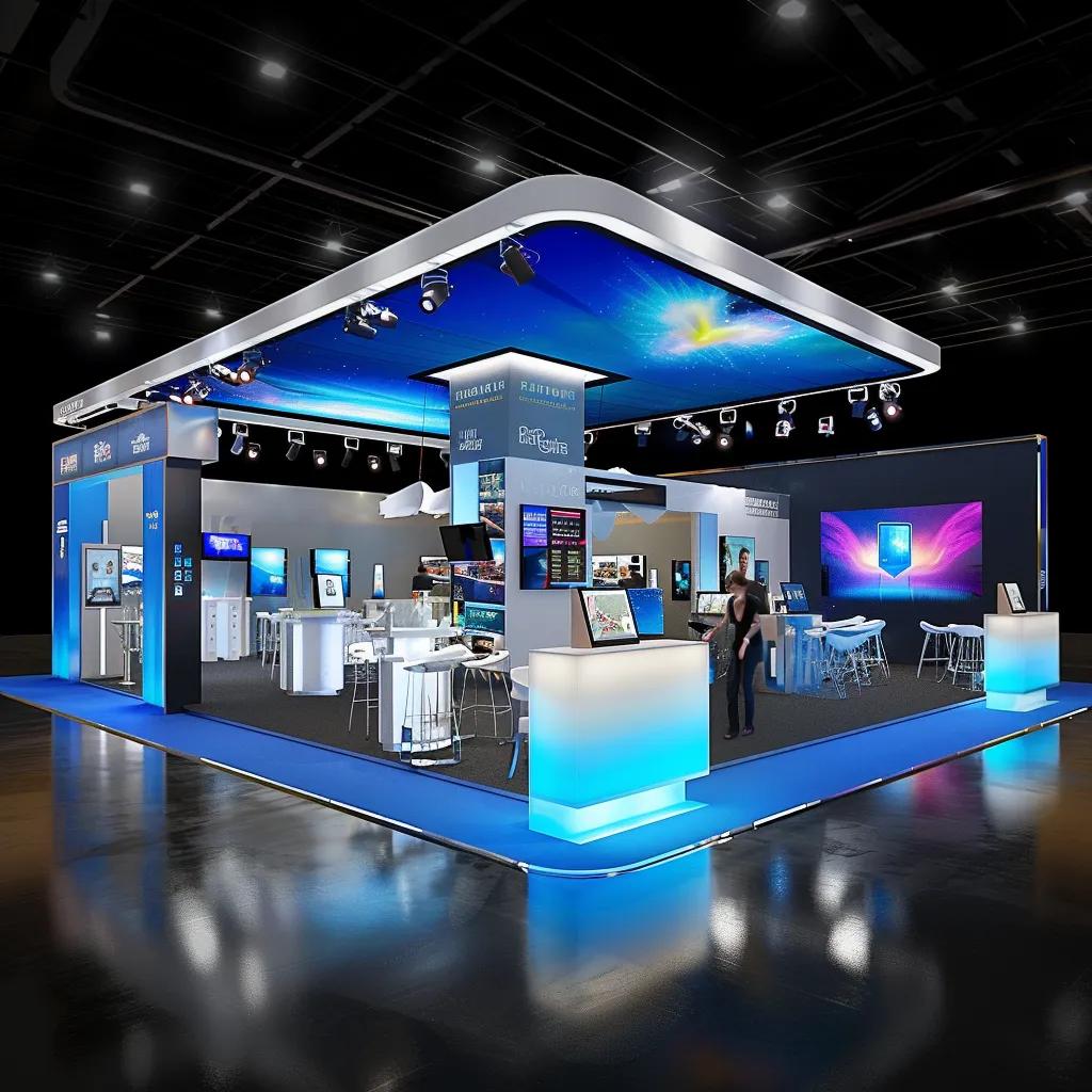 Innovative trade show booth design with interactive displays and engaged attendees