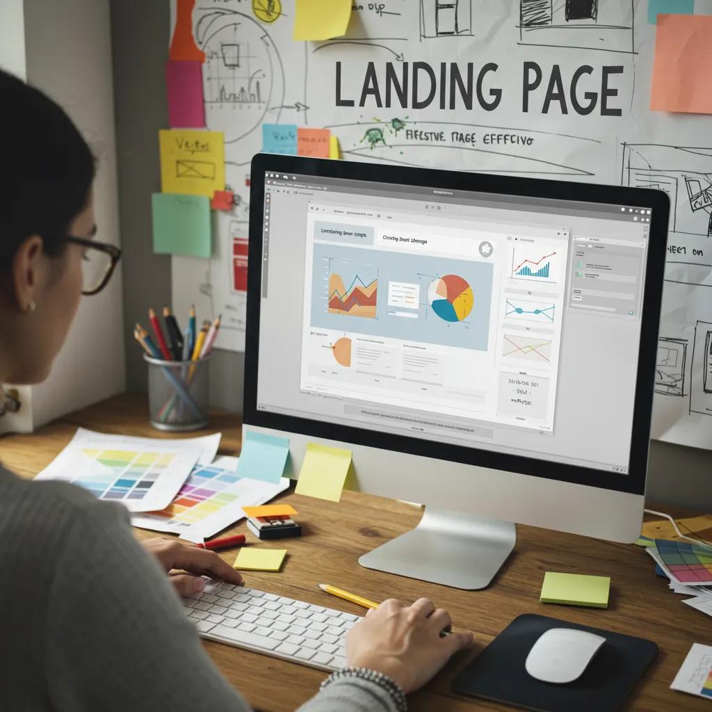 Designer creating a landing page layout, highlighting the process of effective lead conversion design Designer creating a landing page layout, highlighting the process of effective lead conversion design