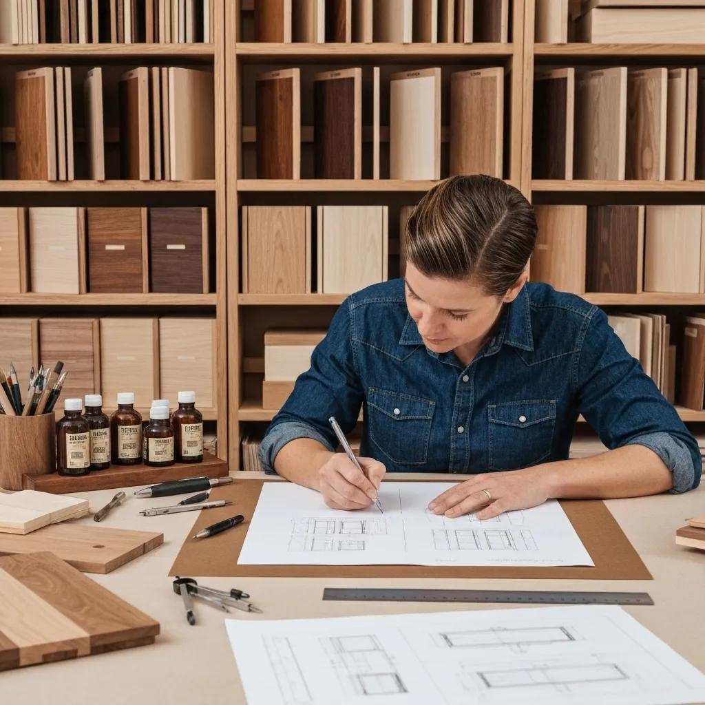 A designer meticulously customising luxury wood furniture, surrounded by sketches and material samples in a creative studio