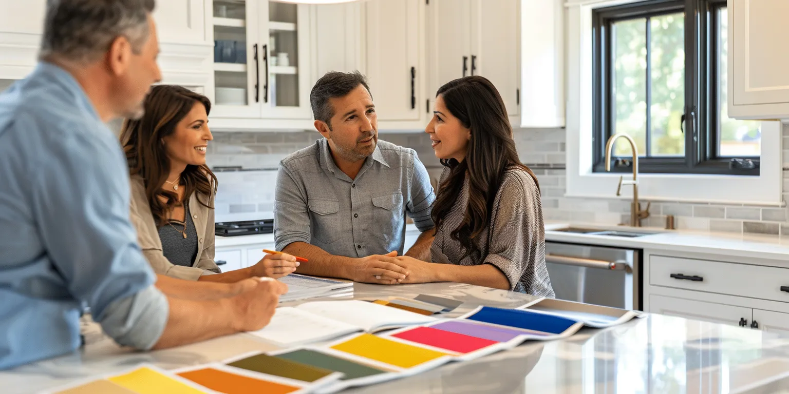 Group of four people discussing home remodeling ideas at a kitchen table with color samples and design plans, emphasizing personalized service and quality craftsmanship for ADU projects.