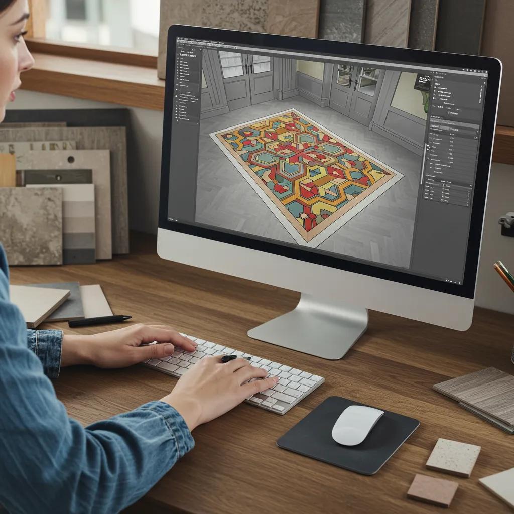 Designer visualizing custom 3D floor designs on a computer with colorful patterns