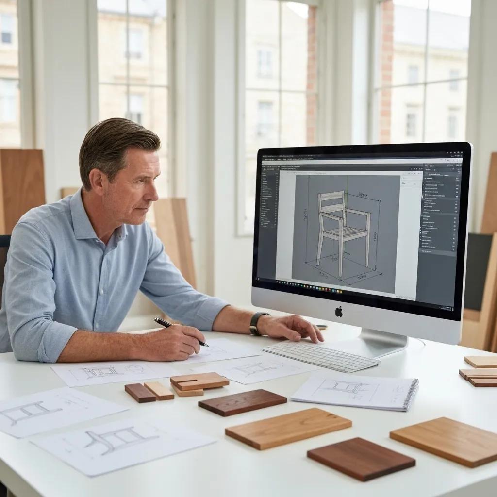 A designer meticulously crafting a 3D CAD model for custom timber furniture in a bright, creative studio space