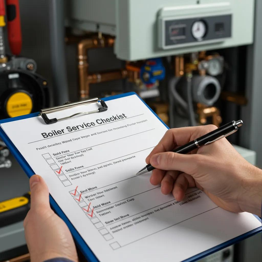 Detailed boiler service checklist with technician marking completed tasks