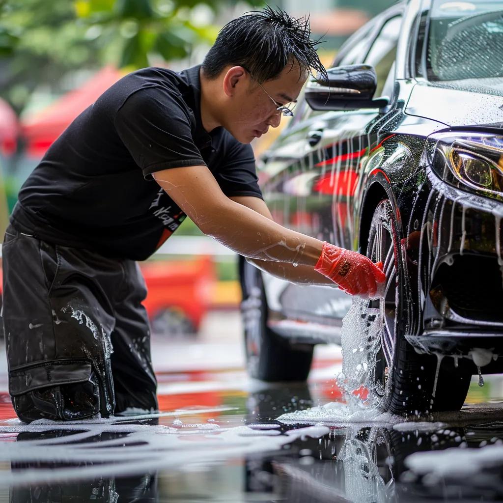A professional mobile car wash technician meticulously detailing a vehicle in Singapore, highlighting the exceptional service quality and unparalleled convenience