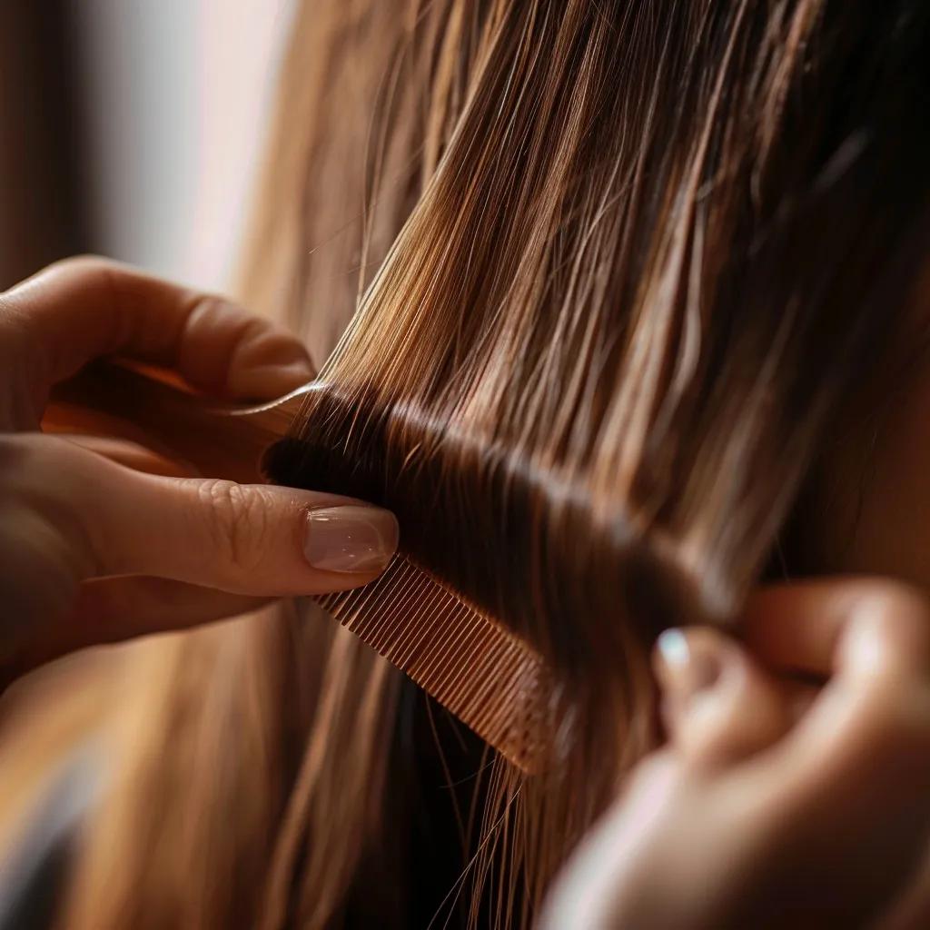 Woman detangling hair extensions with a wide-tooth comb, demonstrating proper hair care techniques