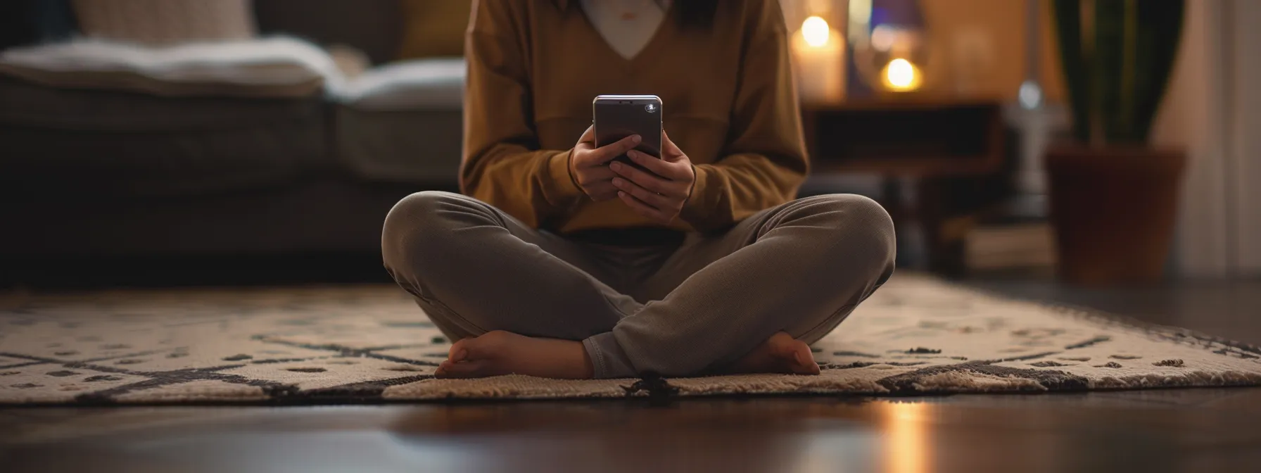 a person scrolling through various mindfulness and meditation apps on their smartphone, evaluating features and exercises.