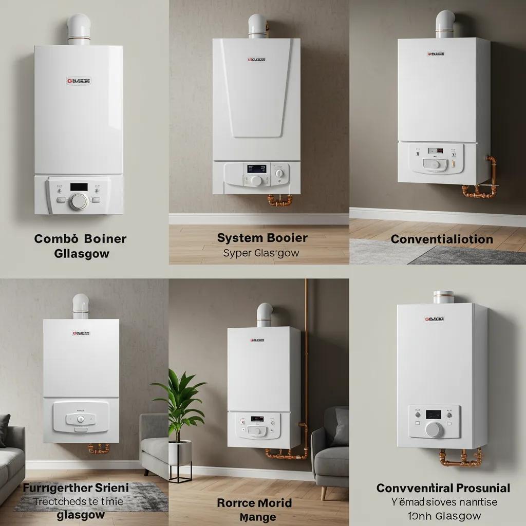 Different boiler types displayed in home settings, showcasing combi, system, and conventional boilers for Glasgow properties