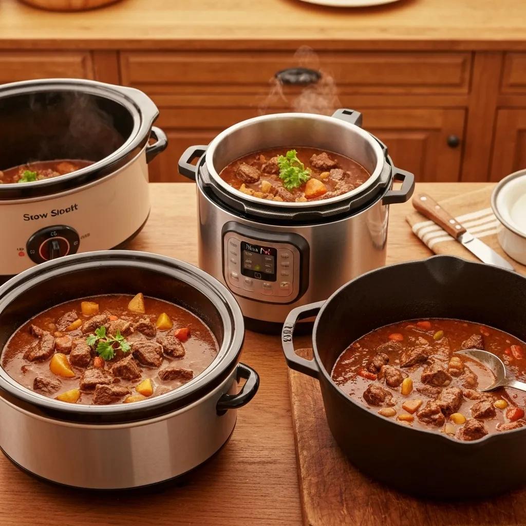 Different cooking methods for beef stew including slow cooker, Instant Pot, and Dutch oven