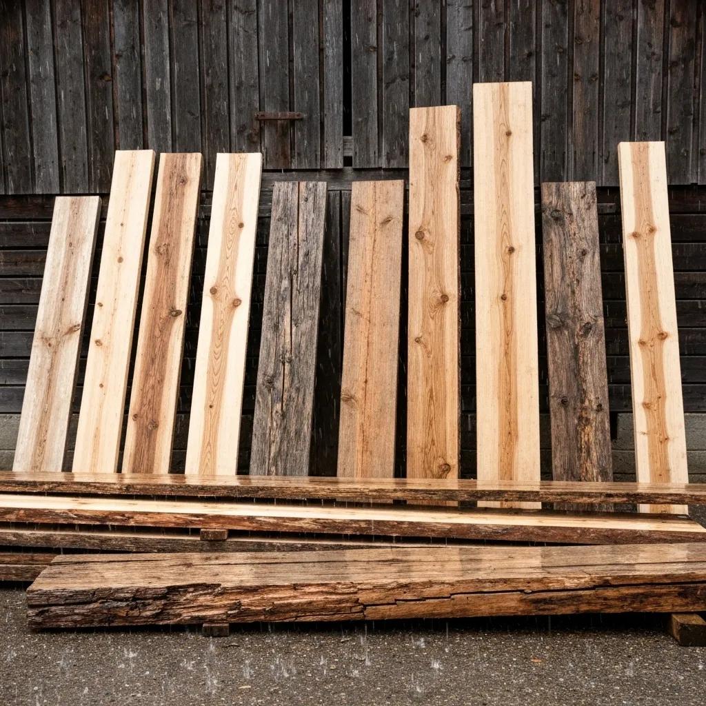 A display of various timber types demonstrating their resilience against Australia's diverse climate conditions in an outdoor setting
