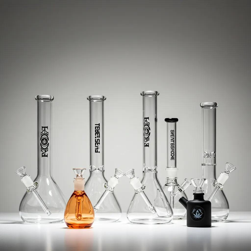 A diverse array of bongs, including beaker, straight tube, percolator, and silicone models, artfully arranged.