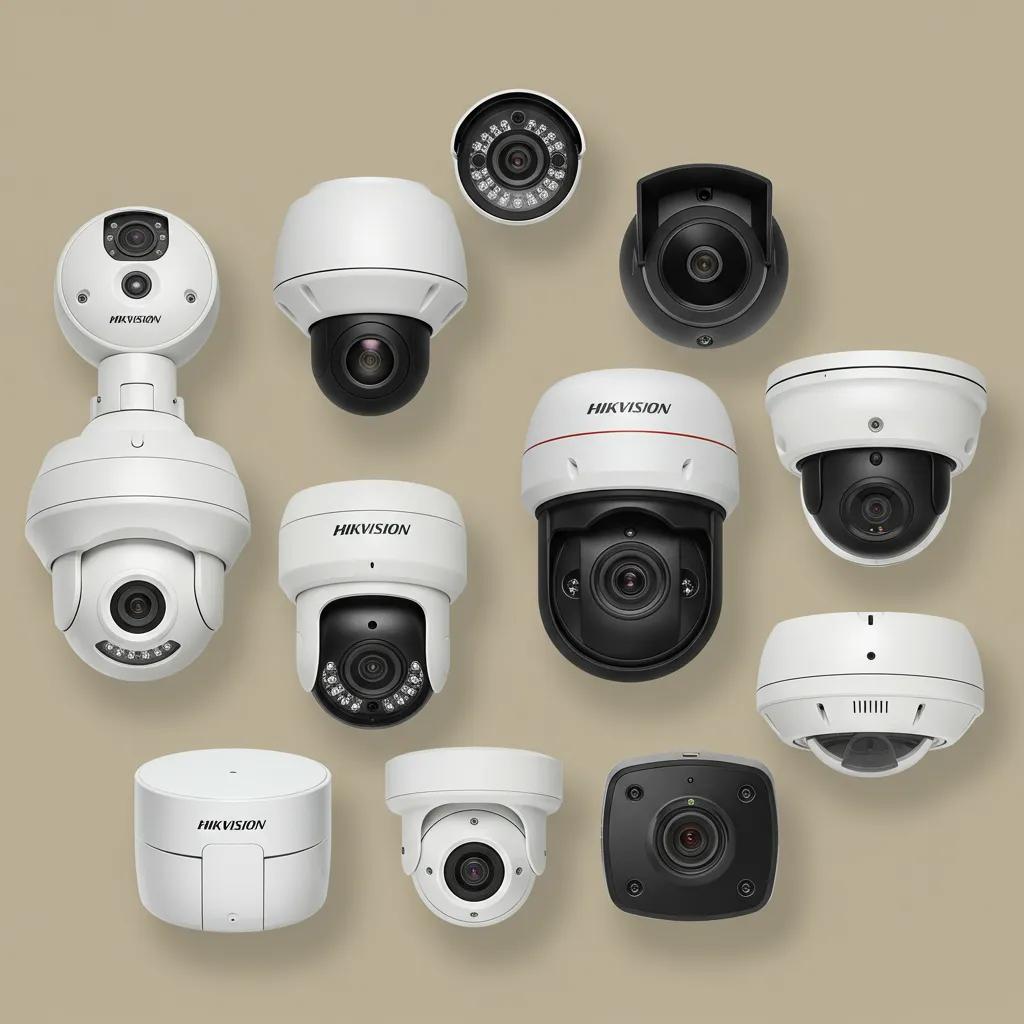 Different types of Hikvision cameras including dome, bullet, and turret models, showcasing their design and features
