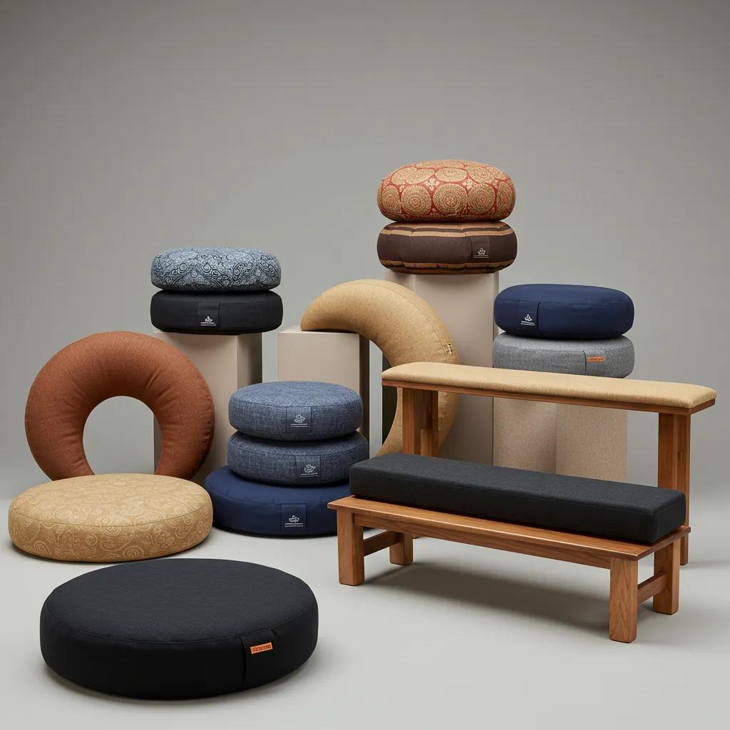 A visual showcase of various meditation cushions, including zafu, zabuton, crescent, bolster, and bench styles, highlighting their distinct designs