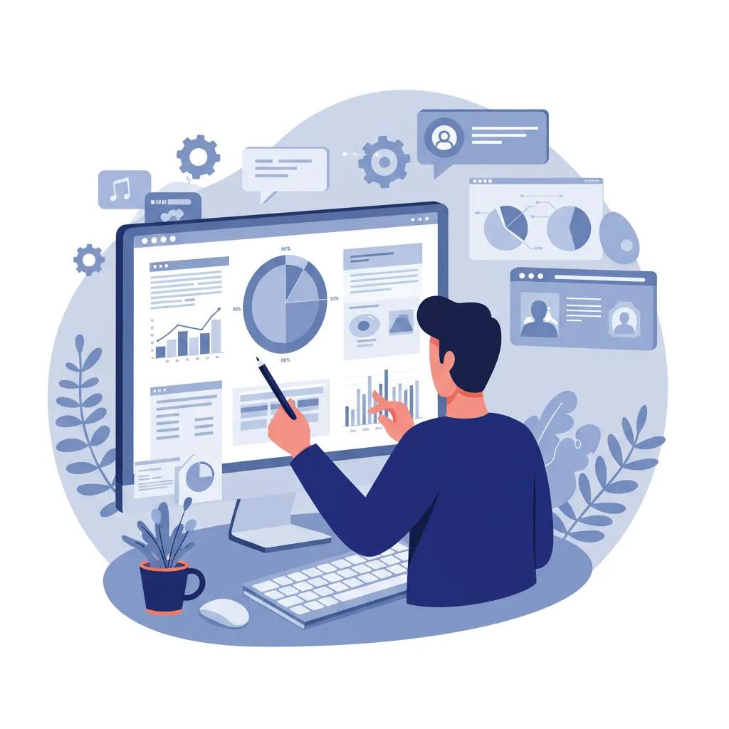 Digital marketing professional analysing SEO metrics on a computer screen, featuring charts and graphs, with a focus on improving local search performance for WordPress websites in Berkshire.