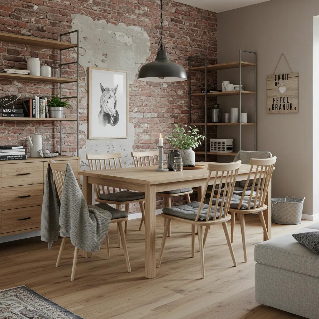 Dining area showcasing a harmonious blend of Scandinavian comfort and industrial chic elements