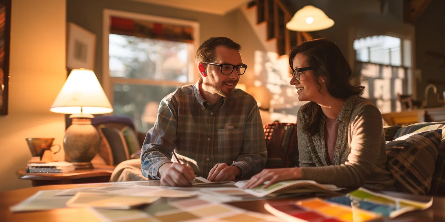 Couple discussing home design plans with color samples in a cozy living room setting, emphasizing home remodeling and renovation services.
