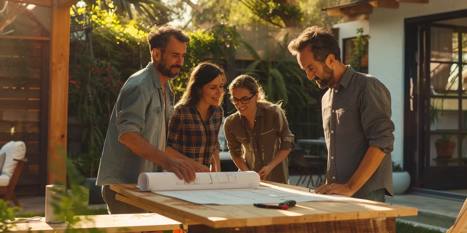 Group of four people discussing design plans for an Accessory Dwelling Unit (ADU) project at a wooden table in a garden setting, surrounded by greenery, illustrating collaborative home construction planning.