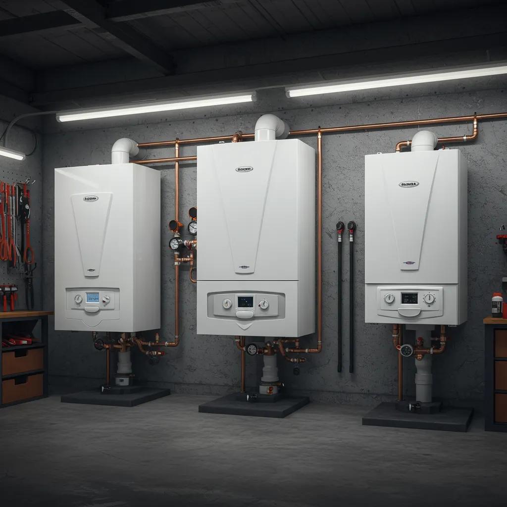 Display of combi, system, and conventional boilers in a workshop setting