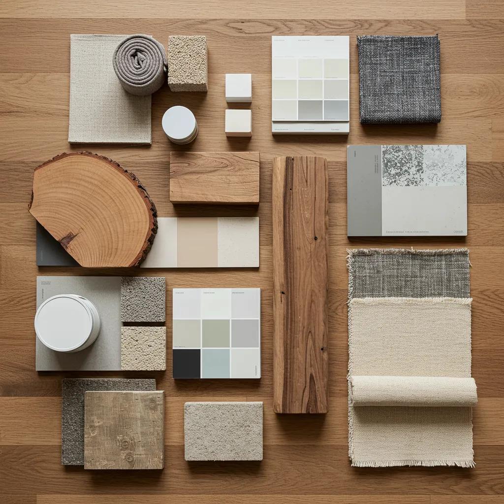 Display of eco-friendly materials including recycled timber and low-VOC paints