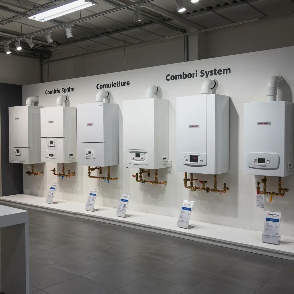 Display of various boiler types in a showroom, illustrating options for replacement in Cardiff