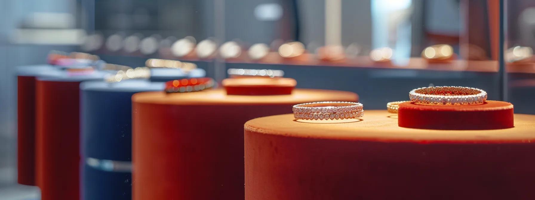 a stylish, well-lit jewelry display showcasing an array of fashion bracelets arranged thoughtfully on elegant velvet stands, emphasizing their intricate designs and shimmering details, set against a modern, minimalist office backdrop.