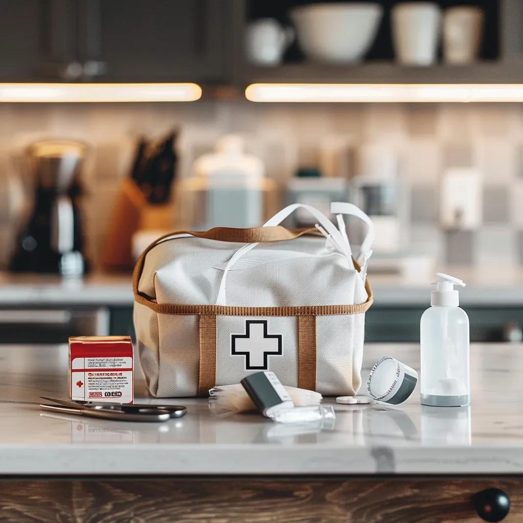 Essential supplies in a home first aid kit on a kitchen counter