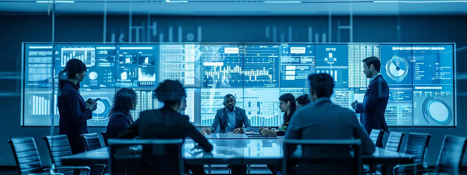 a dynamic conference room filled with a diverse group of professionals engaged in a spirited discussion, analyzing detailed blueprints and project timelines on a sleek digital screen, showcasing a comparison of top commercial contractors in knoxville, tn.