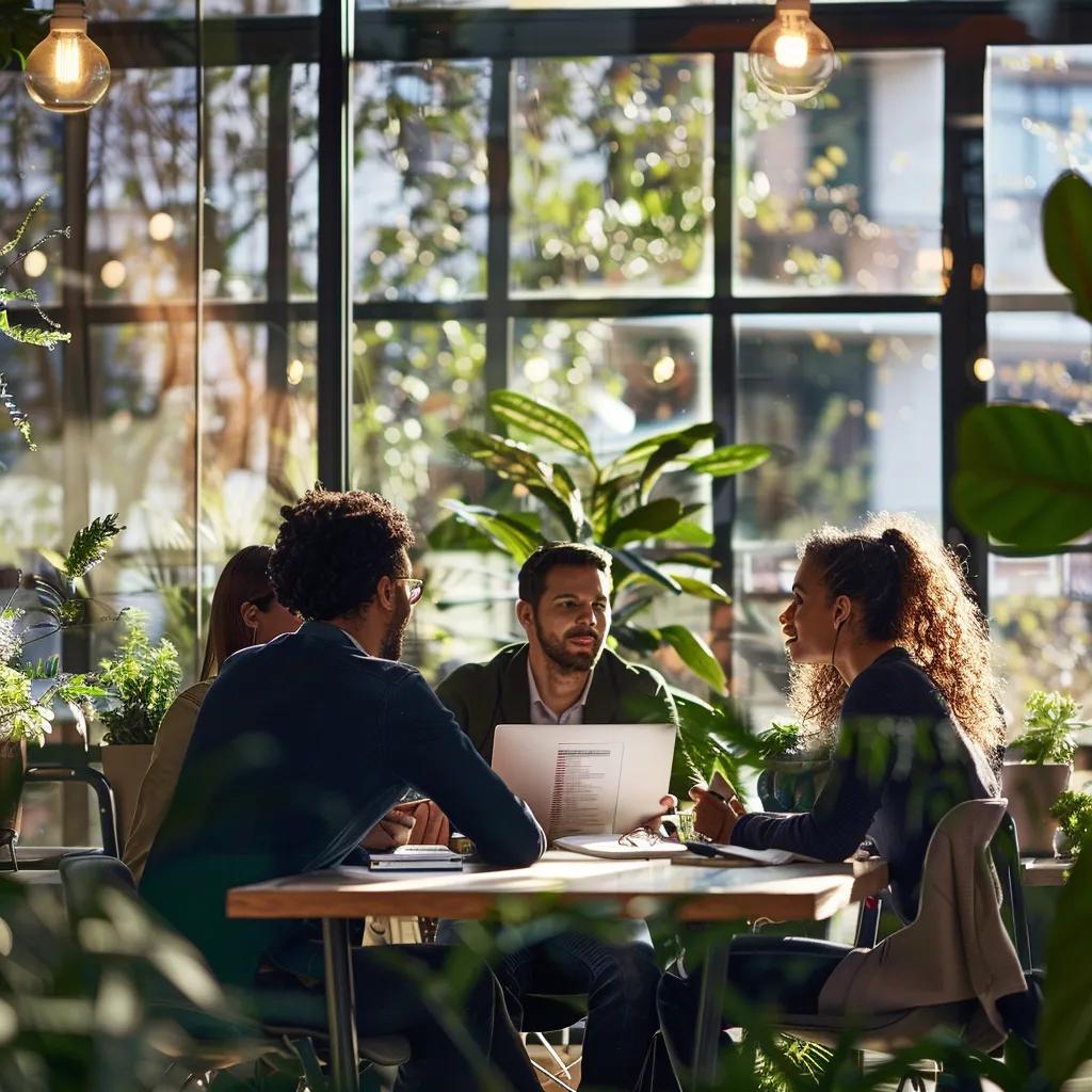 Diverse professionals collaborating in a modern office, discussing financial strategies for scalable business growth