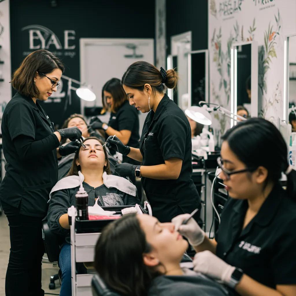 Diverse clients receiving threading services in a vibrant salon environment on Fulton Street