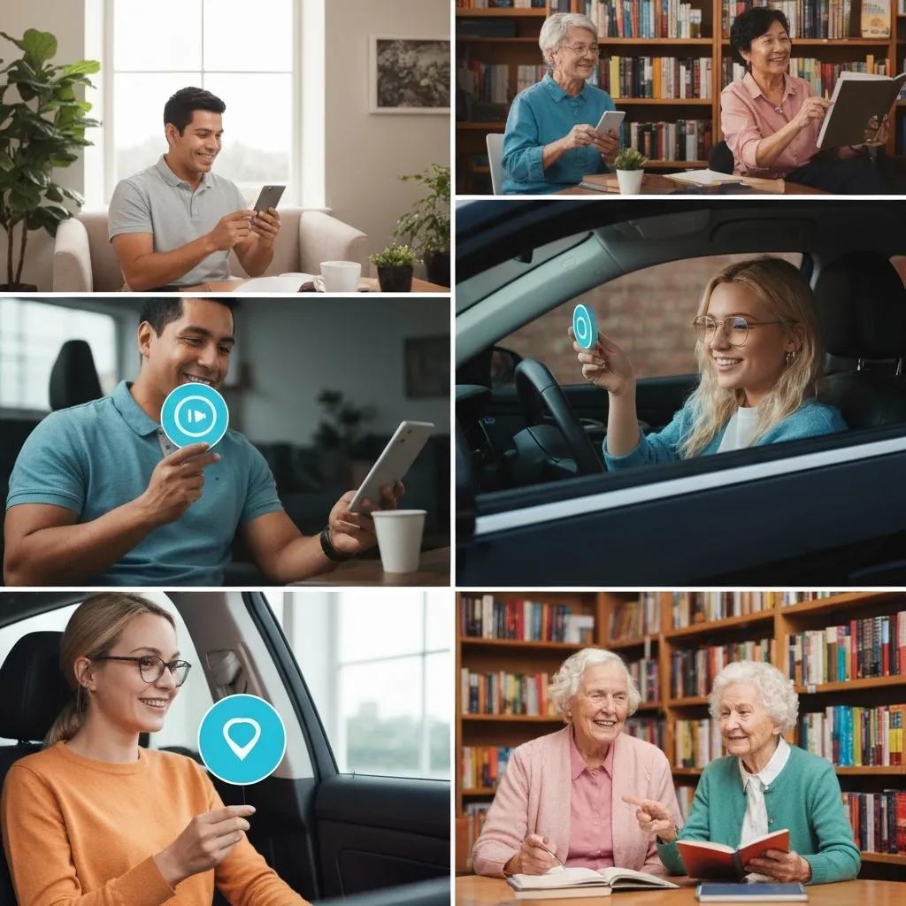 Diverse customers interacting with voice AI devices in various settings, highlighting convenience and satisfaction Diverse customers interacting with voice AI devices in various settings, highlighting convenience and satisfaction