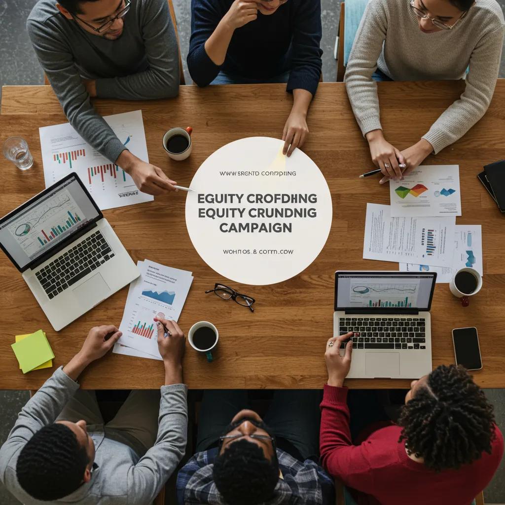 Diverse group discussing equity crowdfunding campaign in a collaborative environment