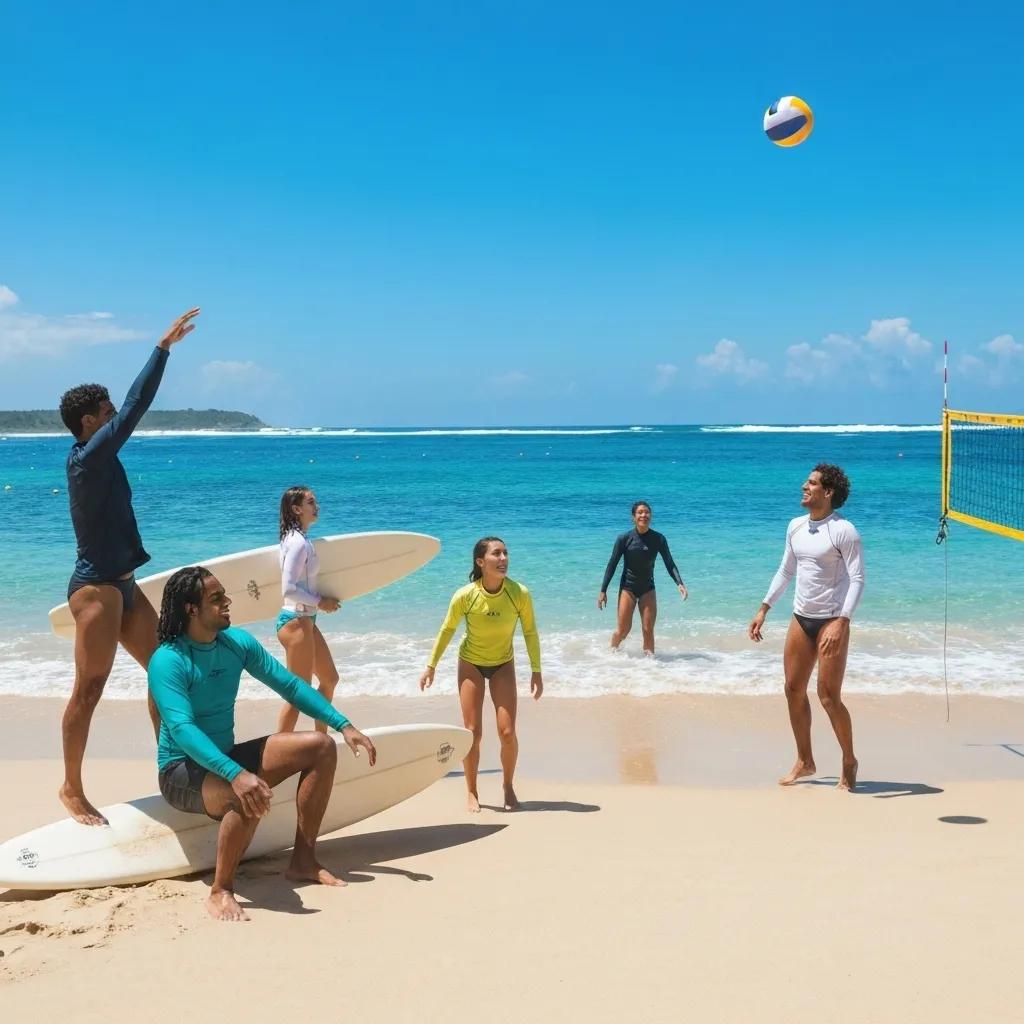 Diverse group enjoying the beach in eco-friendly rash guards, highlighting sustainable swimwear