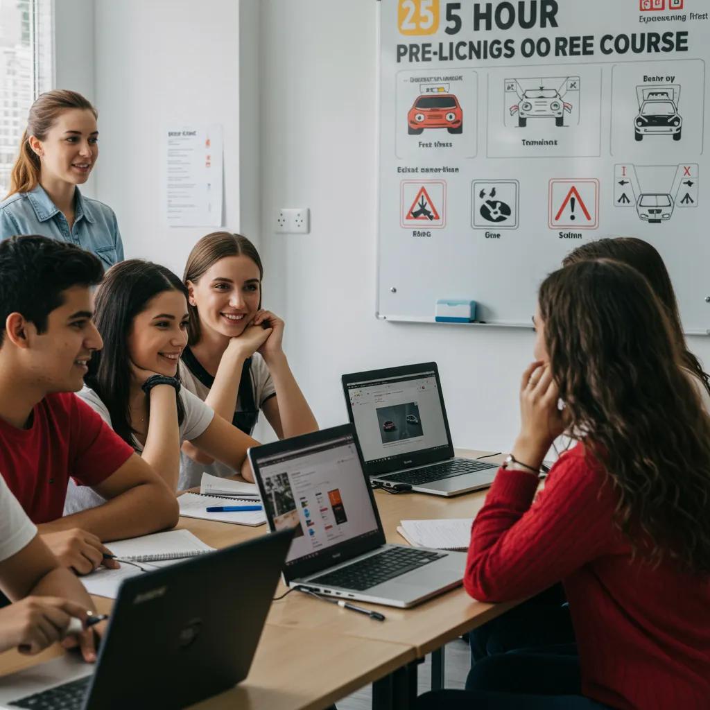 Diverse group of new drivers engaged in a five-hour pre-licensing course in a modern classroom setting