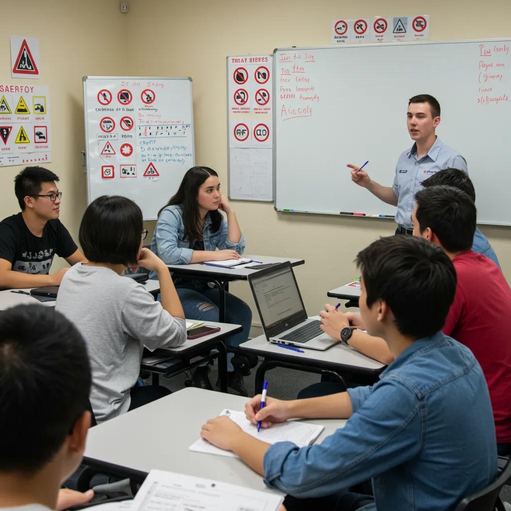 A diverse group of new drivers actively participating in a classroom setting for the NY 5-hour pre-licensing course