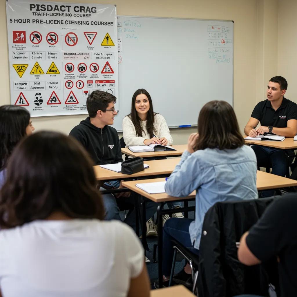 A diverse group of new drivers in a classroom setting, attentively learning about traffic laws and safe driving practices