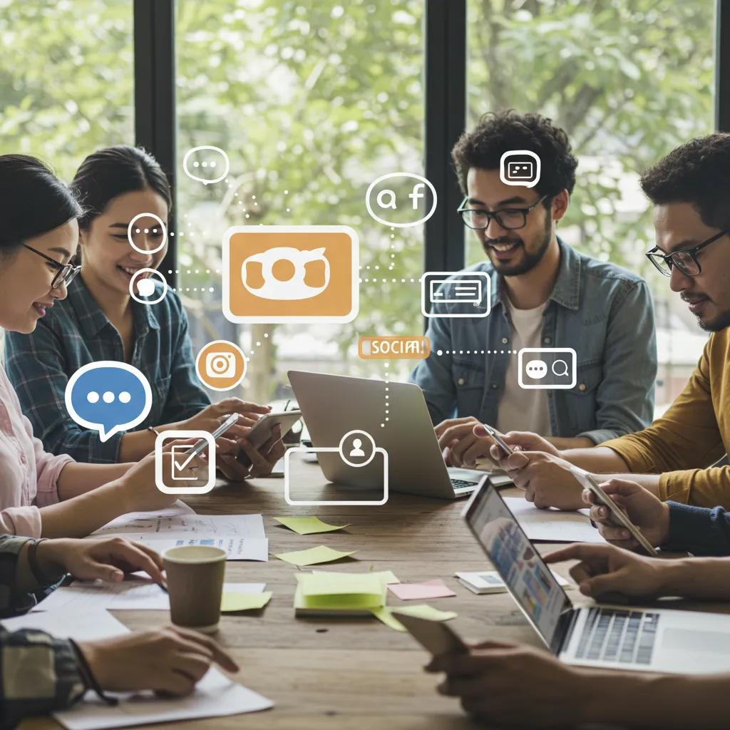 Diverse group of people engaging with social media in a modern workspace