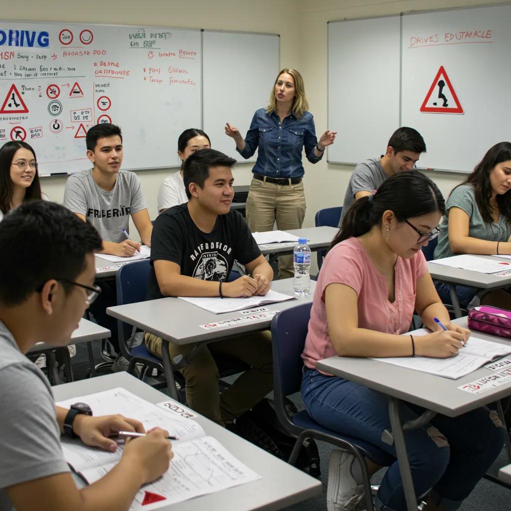 Students actively participating in a driving education class, showcasing the DMV's pre-licensing program